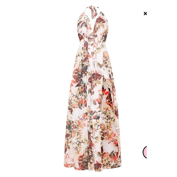 PRETTY LITTLE THING White Floral Print Chiffon Halter Backless Maxi Dress US 12 - Picture 6 of 7